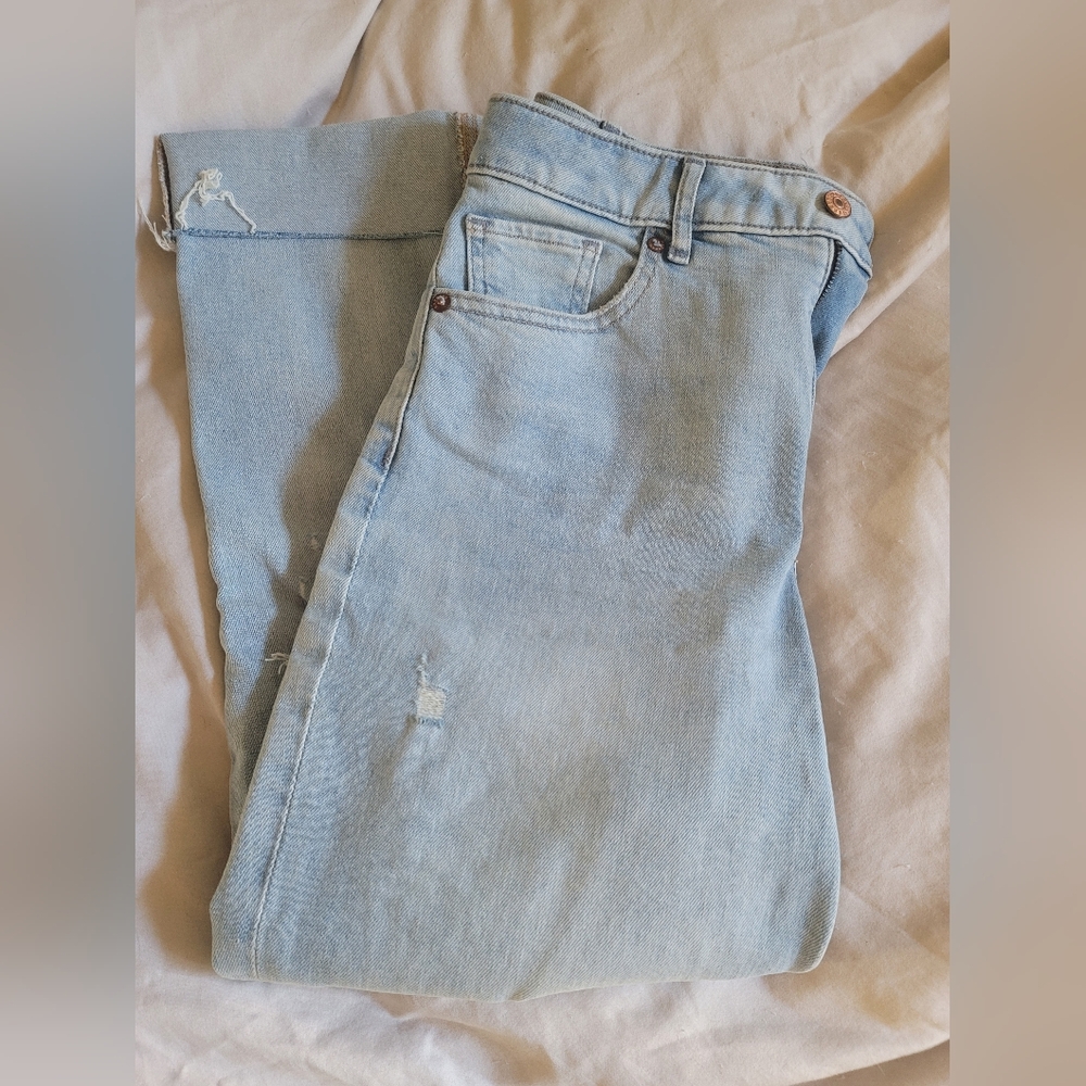 Express Light Blue Distressed Capris